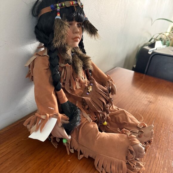 Native American Inspired Collectible Porcelain Doll With Intricate Beadwork & Su - Picture 3 of 12